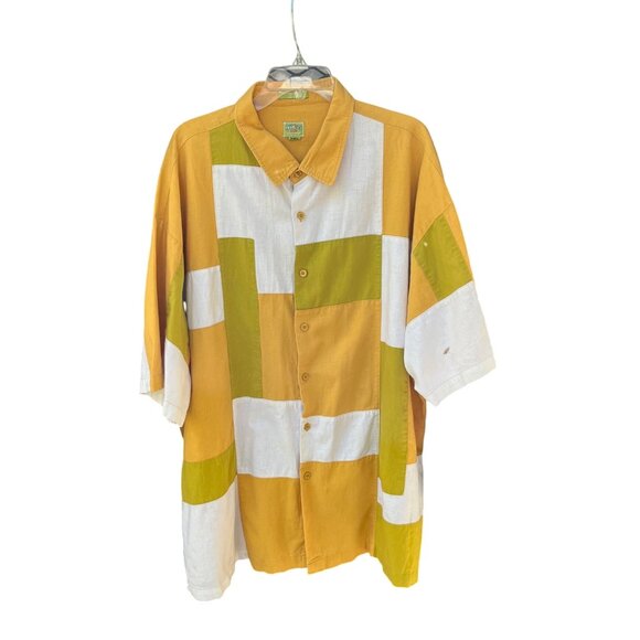 NYC74 Mens 2XL Patchwork Shirt & Pants Set Yellow Olive White Cotton Linen READ - Picture 2 of 9
